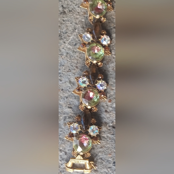 Florenza Watermelon Glass AB Rhinestones Link Signed Vintage 1960's Bracelet - Picture 7 of 16